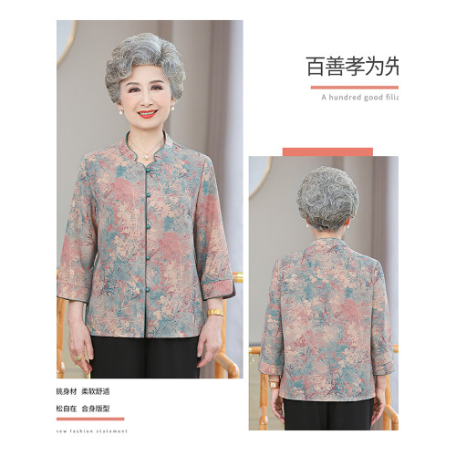 奶奶夏裝中袖襯衫女中老年人唐裝高檔老年媽媽夏季套裝老太太上衣