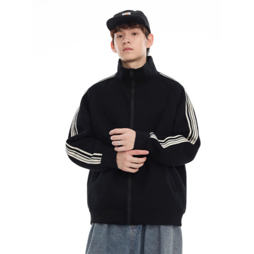 420g重磅立領拉鍊衛衣男秋季2025新款美式拼接條紋夾克外套