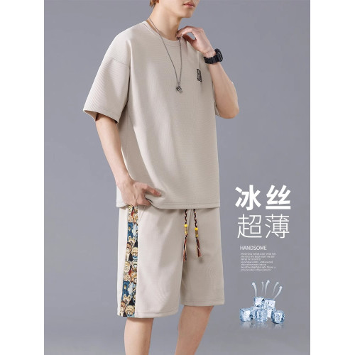 啄木鳥華夫格運動套裝男士夏季薄款國潮刺綉短袖短褲休閒兩件套K
