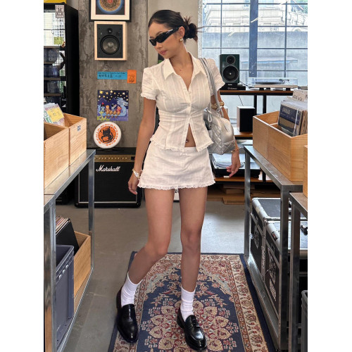 U2家學院風白色短袖襯衫女夏季新款正肩辣妹上衣修身收腰短款襯衣