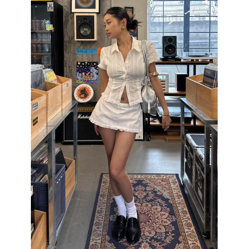U2家學院風白色短袖襯衫女夏季新款正肩辣妹上衣修身收腰短款襯衣