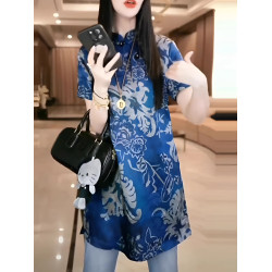 藍色國風印花短袖旗袍襯衫女士夏季斜襟復古時尚小衫遮肉顯瘦上衣