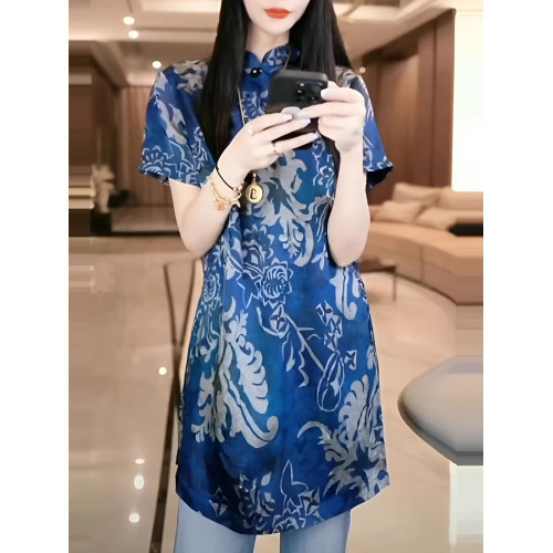 藍色國風印花短袖旗袍襯衫女士夏季斜襟復古時尚小衫遮肉顯瘦上衣
