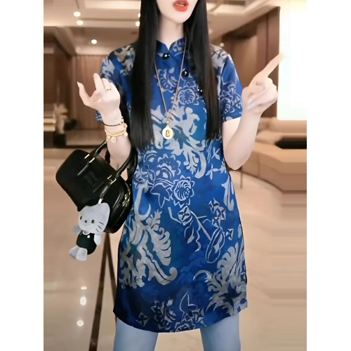 藍色國風印花短袖旗袍襯衫女士夏季斜襟復古時尚小衫遮肉顯瘦上衣