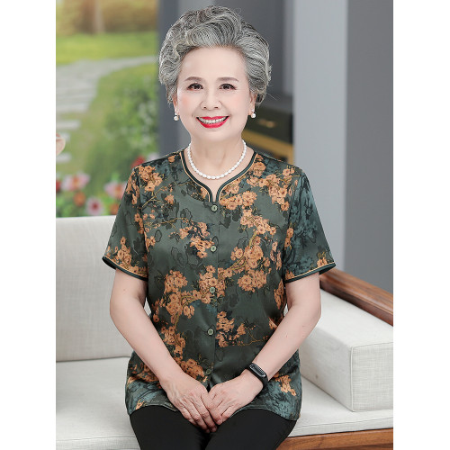 老年人夏裝女真絲襯衫60嵗70媽媽太太喜慶短袖小個子婆婆奶奶套裝