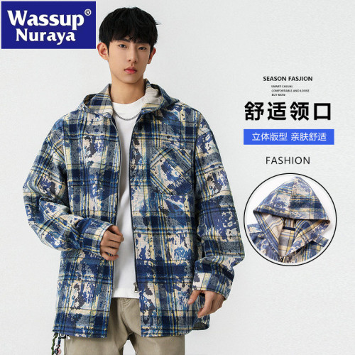WASSUP NURAYA紥染格子襯衫男長袖春秋格紋襯衣百搭休閒連帽外套