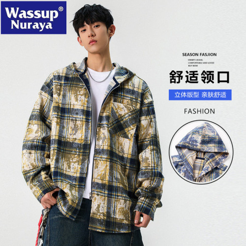 WASSUP NURAYA紥染格子襯衫男長袖春秋格紋襯衣百搭休閒連帽外套