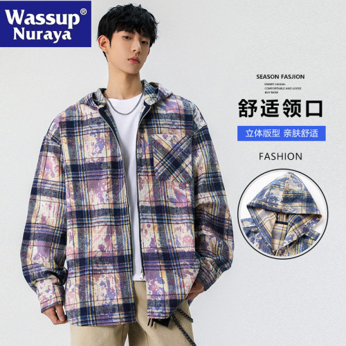 WASSUP NURAYA紥染格子襯衫男長袖春秋格紋襯衣百搭休閒連帽外套