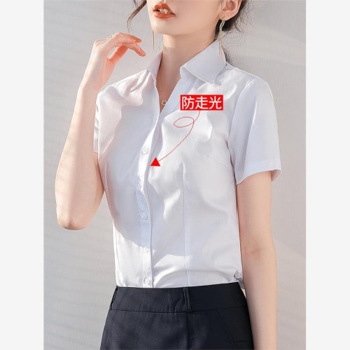 v領白色襯衫女夏季正裝棉布職業套裝辦公行政修身短袖襯衣工作服