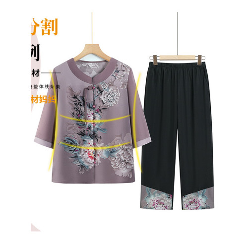 奶奶新中式套裝老年人春夏裝女媽媽中袖襯衫老太太衣服褲子兩件套