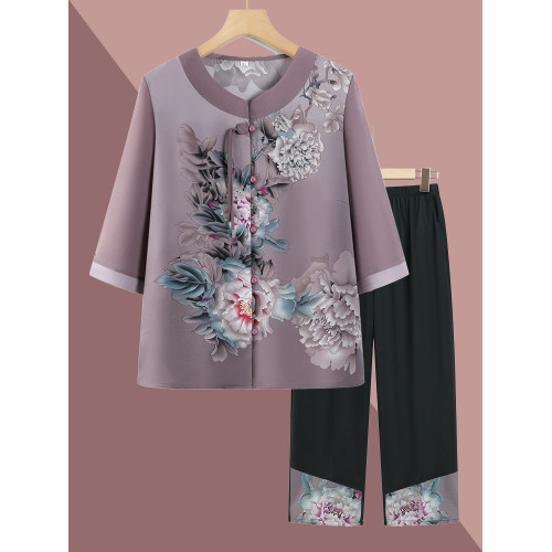 奶奶新中式套裝老年人春夏裝女媽媽中袖襯衫老太太衣服褲子兩件套
