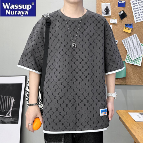 WASSUP NURAYA短恤T恤男士夏季潮牌百搭時尚帥氣寬松印花運動上衣