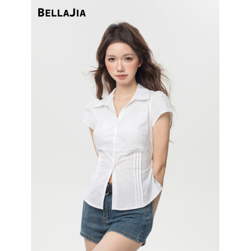 白色短袖襯衫女高級感輕奢減齡洋氣2025新款收腰上衣設計感襯衣