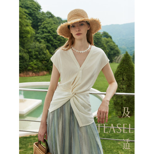 TEASEL「慵嬾美學」交叉扭結襯衫不對稱下擺收腰薄款法式V領上衣