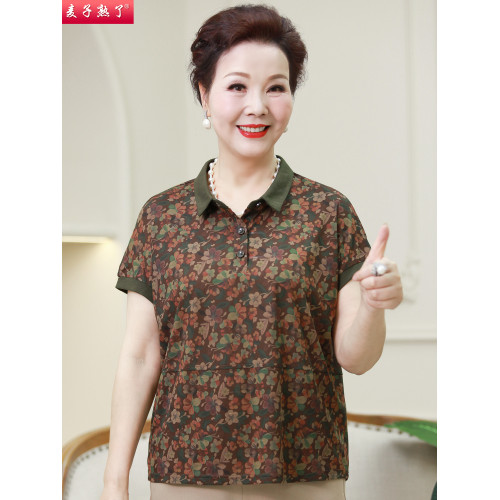 2025夏季新款碎花棉翻領奶奶襯衫氣質中老年人女媽媽裝T恤上衣服