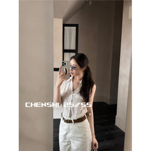 CHEN SHI 簡約組 無袖/長袖版本 老錢風亞麻襯衫女夏條紋襯衣氣質
