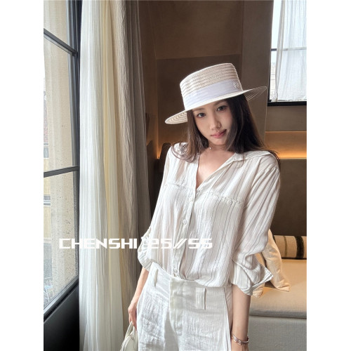 CHEN SHI 簡約組 無袖/長袖版本 老錢風亞麻襯衫女夏條紋襯衣氣質