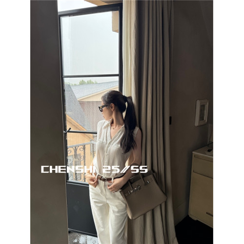 CHEN SHI 簡約組 無袖/長袖版本 老錢風亞麻襯衫女夏條紋襯衣氣質