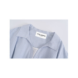 UTUD DESIGN 條紋V領假兩件襯衫女夏系皮帶百搭顯瘦翻領短袖上衣