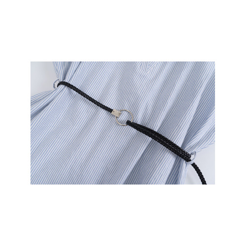 UTUD DESIGN 條紋V領假兩件襯衫女夏系皮帶百搭顯瘦翻領短袖上衣