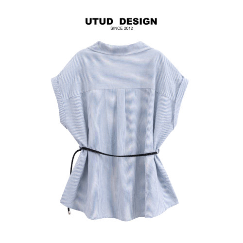 UTUD DESIGN 條紋V領假兩件襯衫女夏系皮帶百搭顯瘦翻領短袖上衣