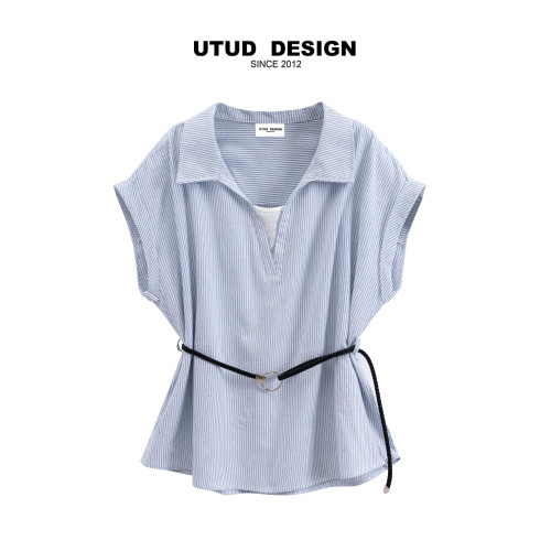 UTUD DESIGN 條紋V領假兩件襯衫女夏系皮帶百搭顯瘦翻領短袖上衣