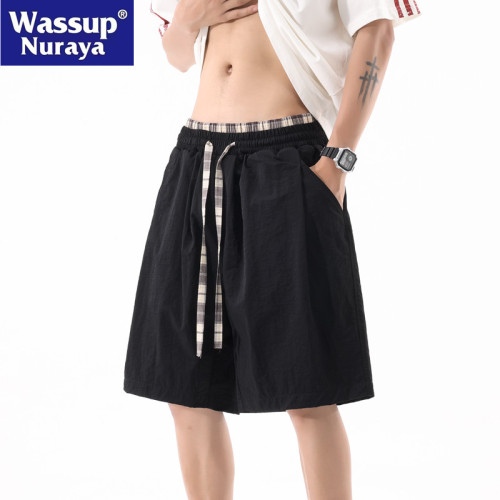 WASSUP NURAYA美式假兩件冰絲短褲男夏季寬松休閒運動沙灘五分褲