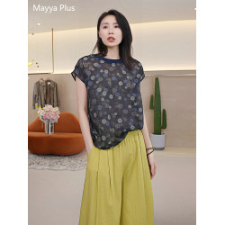 麥芽Mayya Plus 花影暈染彩色波點印花圓領襯衫女夏季連肩袖上衣