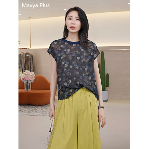 麥芽Mayya Plus 花影暈染彩色波點印花圓領襯衫女夏季連肩袖上衣