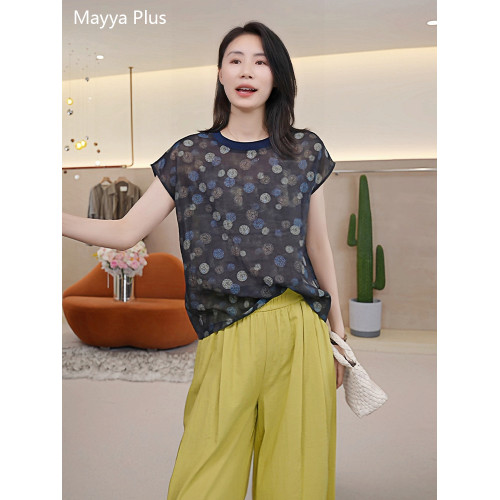 麥芽Mayya Plus 花影暈染彩色波點印花圓領襯衫女夏季連肩袖上衣