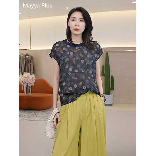 麥芽Mayya Plus 花影暈染彩色波點印花圓領襯衫女夏季連肩袖上衣
