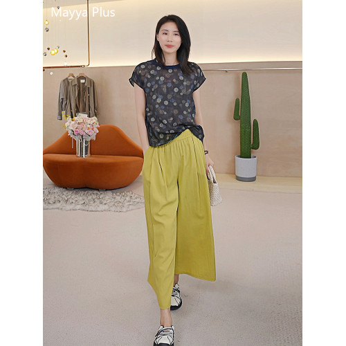 麥芽Mayya Plus 花影暈染彩色波點印花圓領襯衫女夏季連肩袖上衣