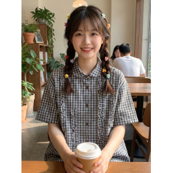 日系軟妹荷葉邊拼接甜美元寶娃娃領寬鬆短袖格子襯衫小個子上衣女