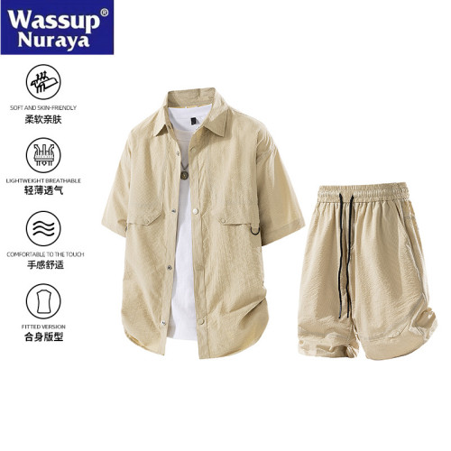 WASSUP Nuraya潮牌冰絲襯衫套裝男夏季薄短袖休閒襯衣短褲兩件套