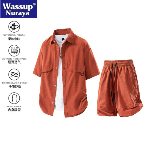 WASSUP Nuraya潮牌冰絲襯衫套裝男夏季薄短袖休閒襯衣短褲兩件套