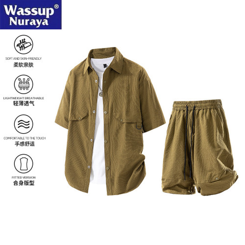 WASSUP Nuraya潮牌冰絲襯衫套裝男夏季薄短袖休閒襯衣短褲兩件套