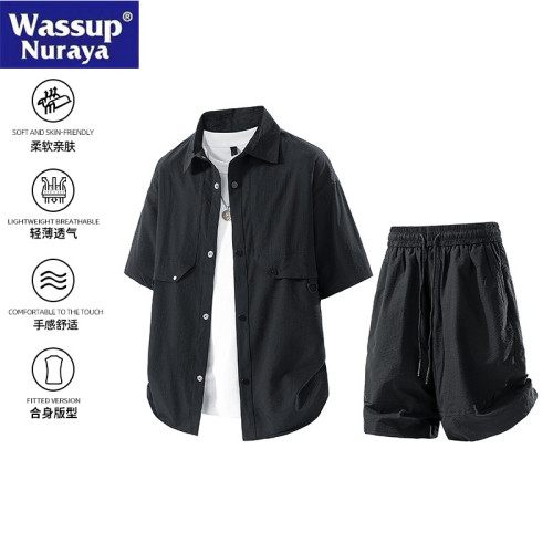 WASSUP Nuraya潮牌冰絲襯衫套裝男夏季薄短袖休閒襯衣短褲兩件套