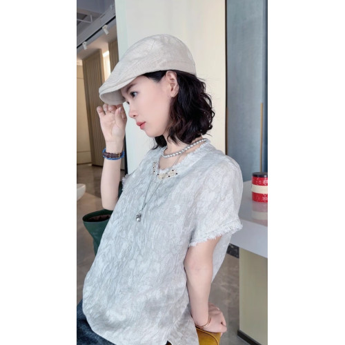 【釘珠小衫】色織雨露麻提花襯衫小包袖釘珠小衫半開襟上衣25195