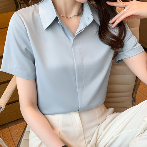 雪紡襯衫女短袖高級感2025夏季新款職業工作服黑色襯衣冰絲上衣