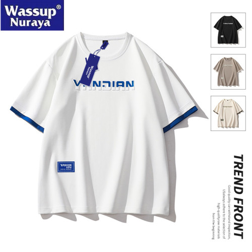 WASSUP Nuraya潮牌假兩件短袖T恤男夏季寬松圓領情侶半袖青年上衣