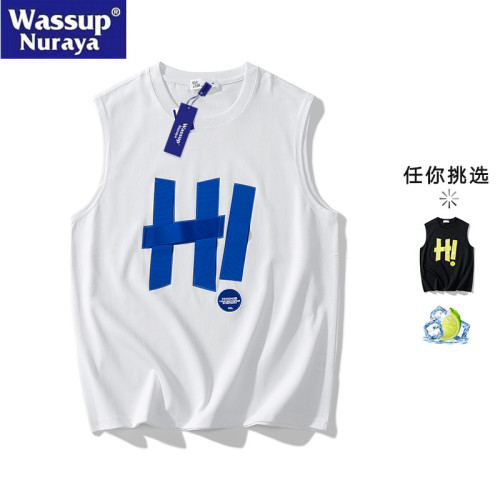 WASSUP Nuraya潮牌夏季休閒字母織帶冰絲背心男坎肩無袖運動透氣