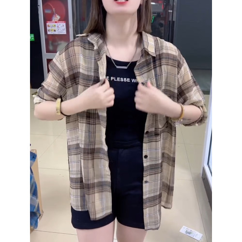 港風格子襯衫女歐根紗夏季薄款寬松上衣韓系冰絲襯衣防曬外套