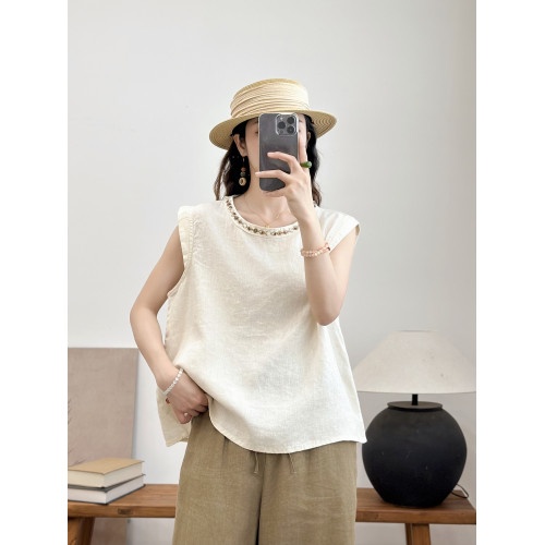 2025夏季新款時尚洋氣亞麻純色無袖襯衫女氣質寬松顯瘦休閒上衣