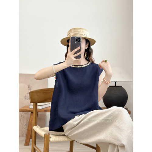 2025夏季新款時尚洋氣亞麻純色無袖襯衫女氣質寬松顯瘦休閒上衣