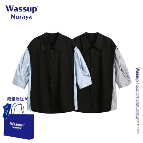 WASSUP NURAYA美式復古假兩件短袖襯衫男款新款夏季寬松襯衣外套