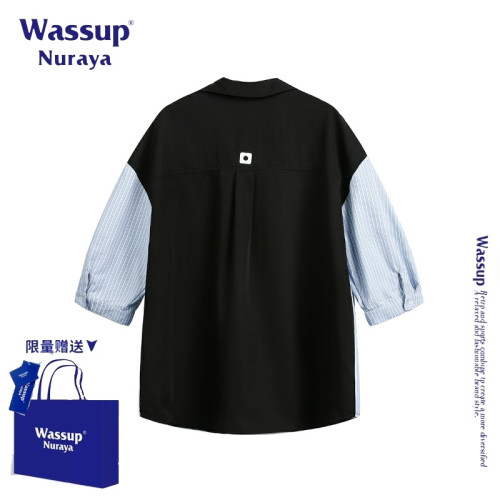 WASSUP NURAYA美式復古假兩件短袖襯衫男款新款夏季寬松襯衣外套