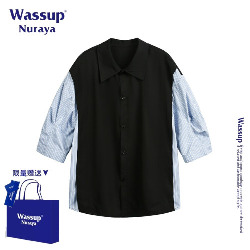 WASSUP NURAYA美式復古假兩件短袖襯衫男款新款夏季寬松襯衣外套