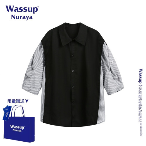 WASSUP NURAYA美式復古假兩件短袖襯衫男款新款夏季寬松襯衣外套