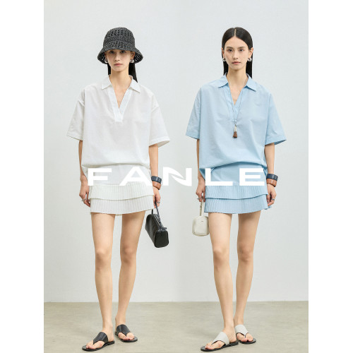 FANLE STUDIOS夏季輕薄紙感松弛感減齡MIU風襯衫百褶裙時髦套裝