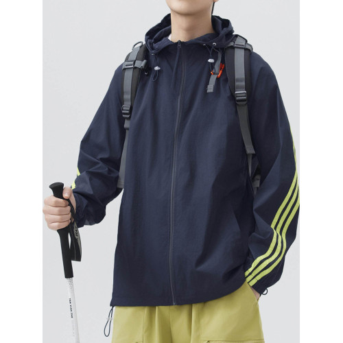 條紋透氣速乾防曬衣男士夏季輕薄冰絲運動防紫外線連帽外套
